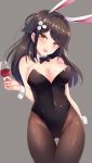  1girl animal_ears ass_visible_through_thighs azur_lane black_hair black_legwear black_leotard black_neckwear bow bowtie breasts bunny_girl bunnysuit chinese_commentary choukai_(azur_lane) commentary_request cowboy_shot cup detached_collar dog_ears drinking_glass flower grey_background hair_between_eyes hair_flower hair_ornament highres large_breasts leotard long_hair looking_at_viewer looking_to_the_side pantyhose qi_ye_shao_yan rabbit_ears simple_background solo thigh_gap wine_glass wrist_cuffs yellow_eyes 