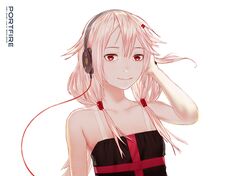  1girl bangs closed_mouth copyright_request dress el-zheng hair_flaps hair_ornament hairclip hand_up headphones long_hair looking_at_viewer low_twintails pink_hair red_eyes simple_background smile solo twintails upper_body white_background 