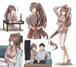  +++ 1boy 1girl :d ^_^ ^o^ alternate_costume apron black_hair black_pants bottle breasts brown_eyes brown_hair brown_sweater closed_eyes commentary_request couch cup drinking_glass eighth_note fairy_(kantai_collection) flower food full_body grey_hoodie grey_jacket grey_shirt hair_between_eyes hair_flower hair_intakes hair_ornament highres hood hoodie jacket kantai_collection large_breasts long_hair long_sleeves multiple_views musical_note negahami open_mouth pants pink_flower ponytail red_apron ribbed_sweater shirt short_hair simple_background smile sweater tears translation_request very_long_hair white_background wine_bottle wine_glass yamato_(kantai_collection) 