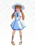  1girl arms_behind_back blush brown_hair cato_(monocatienus) commentary_request dress eyebrows_visible_through_hair floral_background full_body long_hair looking_at_viewer low_twintails original sandals short_sleeves simple_background smile solo twintails violet_eyes white_dress 