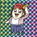  1girl arm_up bkub blue_footwear blue_skirt blush_stickers bottle brown_eyes brown_hair checkered checkered_background flannel hat holding holding_bottle kirin_(company) long_shirt looking_at_viewer meme multicolored multicolored_background open_clothes open_mouth open_shirt plaid plaid_shirt pose red_hat shirt shoes short_hair skirt smile solo undershirt 
