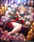  1girl bare_shoulders barefoot bow brown_hair candle copyright_request detached_sleeves dress flower glint hair_bow hair_ornament indoors jewelry lying medium_hair official_art on_side puffy_sleeves red_dress sleeping toshi_gahara venus_rumble watermark 