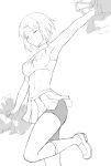  1girl arm_up armpits bike_shorts blush breasts character_request cheerleader closed_eyes elbow_gloves frown gloves greyscale halter_top halterneck highres kneehighs loafers medium_breasts microskirt midriff monochrome navel oceanbellereine pleated_skirt pom_poms shoes short_hair skirt sleeveless solo type-moon 