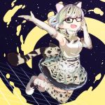  1girl animal_ears back_bow bare_shoulders blonde_hair bow bowtie brown_hair cat_ears cat_tail elbow_gloves eyebrows_visible_through_hair frilled_skirt frills glasses gloves high-waist_skirt jumping kemono_friends margay_(kemono_friends) margay_print multicolored_hair one_eye_closed pleated_skirt short_hair skirt solo tail tamiku_(shisyamo609) thigh-highs vest 