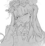  1girl blush character_request copyright_request flower freng frilled_sleeves frills hair_between_eyes hand_on_own_chest monochrome rose solo white_background wide_sleeves 