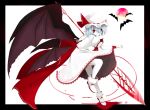  aizettonagi bat_wings blue_hair bracelet dress fang floating highres jewelry looking_back looking_to_the_side pale_skin puffy_short_sleeves puffy_sleeves red_eyes remilia_scarlet short_hair short_sleeves simple_background staff touhou white_background white_dress wings 