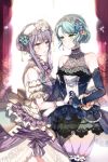  2girls aqua_rose bang_dream! bangs blue_flower blue_rose bracelet braid cross-laced_clothes curtains dress earrings elbow_gloves floral_print flower french_braid frilled_gloves frills gloves grey_hair hair_bun hair_flower hair_ornament hair_up hairband hand_holding hikawa_sayo interlocked_fingers jewelry lace minato_yukina multiple_girls navy_blue_gloves necklace nennen pearl_bracelet pearl_necklace pendant print_curtains purple_ribbon ribbon rose sash short_sleeves sidelocks sleeveless transparent_sleeves white_flower white_gloves white_rose window yellow_flower yellow_rose yuri 