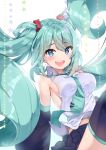  1girl :d absurdres aqua_hair artist_name blue_eyes blush breasts cheli_(kso1564) detached_sleeves eyebrows_visible_through_hair floating_hair hatsune_miku highres long_hair looking_at_viewer medium_breasts necktie open_mouth skirt smile solo star thigh-highs twintails very_long_hair vocaloid white_background 