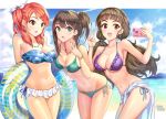  3girls artist_name bangs bare_shoulders beach bikini blue_bikini blunt_bangs blush breasts brown_eyes brown_hair cellphone collarbone earrings floral_print green_bikini green_eyes hand_gesture hhama hips houjou_karen idolmaster idolmaster_cinderella_girls innertube jewelry kamiya_nao large_breasts long_hair looking_at_viewer low_twintails medium_breasts multiple_girls navel ocean one_side_up open_mouth orange_hair phone ponytail purple_bikini red_eyes sarong shibuya_rin smile swept_bangs swimsuit thick_eyebrows twintails v waist wavy_hair 