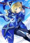  119 1girl ahoge artoria_pendragon_(all) belt bent_over black_pants blonde_hair blue_coat blue_eyes blue_gloves blue_hat dark_excalibur dual_wielding excalibur eyebrows_visible_through_hair fate/grand_order fate_(series) gloves hat holding holding_sword holding_weapon looking_at_viewer mysterious_heroine_x pants short_hair smile solo star star_print sword weapon 