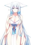  1girl ? animal_ears blue_eyes blue_hair breasts bright_pupils cleavage closed_mouth ears_down fox_ears hand_up japanese_clothes konshin large_breasts long_hair looking_at_viewer orie_mishiro original sash short_eyebrows simple_background solo very_long_hair white_background 