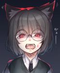  1girl animal_ears bangs black_vest blood collared_shirt commentary_request copyright_request fangs glasses grey_hair looking_at_viewer motion_lines open_mouth purple_background red_eyes round_eyewear saliva shirt sketch slit_pupils solo tsunekichi upper_body vest wing_collar 