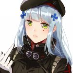  1girl bangs beret blunt_bangs blush breasts eyebrows_visible_through_hair facepaint girls_frontline gloves green_eyes hair_ornament hat hk416_(girls_frontline) jacket long_hair looking_at_viewer medium_breasts middle_finger parted_lips silence_girl silver_hair simple_background solo teardrop white_background 