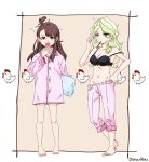  2girls barefoot bird bra chicken commentary_request diana_cavendish kagari_atsuko little_witch_academia messy_hair multiple_girls pajamas pillow raisun sleepy underwear yawning yuri 