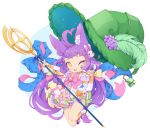  1girl animal_ears bow bowtie bunny_hair_ornament chibi flower force_of_will hair_ornament hat highres kaguya_(force_of_will) leaf long_hair magical_girl one_eye_closed open_mouth panties purple_hair rabbit_ears ribbon solo spamaroo staff teeth transparent_background underwear yellow_eyes 