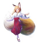  1girl animal_ears bangs blonde_hair blue_eyes blunt_bangs commentary_request fox_ears fox_tail full_body hakama jaco japanese_clothes long_sleeves miko original outstretched_arms red_hakama sandals sidelocks simple_background slit_pupils solo spread_arms standing tabi tail white_background white_legwear 