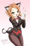  1girl 2016 :d animal_ears bangs black_jacket black_legwear black_leotard blazer bow bowtie buttons cat_ears cat_tail chiaki_tarou collared_shirt copyright_name dated elin_(tera) eyebrows eyebrows_visible_through_hair flat_chest gloves gradient gradient_background groin hands_together hands_up heart highres interlocked_fingers jacket leotard long_hair long_sleeves open_mouth orange_eyes orange_hair pantyhose parted_bangs rabbit red_bow red_neckwear shirt signature smile solo standing tail tera_online white_gloves white_shirt 