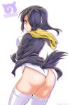  1girl 2017 artist_name ass bird_tail black_hair blush breasts character_name chiaki_tarou closed_mouth copyright_name dated emperor_penguin_(kemono_friends) eyebrows eyelashes flying_sweatdrops from_behind frown hair_over_one_eye headphones japari_symbol kemono_friends leotard long_hair long_sleeves looking_at_viewer looking_back medium_breasts silhouette simple_background solo tail_raised thigh-highs tsurime v-shaped_eyebrows white_background white_legwear white_leotard yellow_eyes 