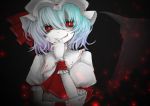  1girl aizettonagi bat_wings blue_hair bracelet dress eyebrows_visible_through_hair fang hand_on_own_chin highres jewelry looking_at_viewer pale_skin pointy_ears red_eyes remilia_scarlet short_hair smile touhou white_dress wings 