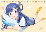  1girl :d asari_nanami blue_eyes blue_hair commentary_request dated fish_hair_ornament hair_ornament hair_rings idolmaster idolmaster_cinderella_girls long_hair looking_at_viewer lying object_hug on_stomach open_mouth signature smile solo stuffed_animal stuffed_fish stuffed_toy tarachine yellow_legwear 