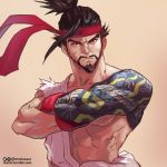  1boy abs arm_tattoo black_hair cosplay crossed_arms facial_hair gloves goatee hanzo_(overwatch) headband male_focus moize_opel muscle off_shoulder overwatch red_gloves ryuu_(street_fighter) ryuu_(street_fighter)_(cosplay) short_hair solo street_fighter tattoo thick_eyebrows topknot 