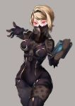  1girl black_gloves black_legwear blonde_hair bodysuit breasts gloves grey_background hairband kaorihero nier_(series) nier_automata operator_21o see-through short_hair simple_background solo thigh-highs veil 