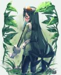  1girl absurdres asui_tsuyu bodysuit boku_no_hero_academia from_behind gloves goggles goggles_on_head green_bodysuit green_eyes green_hair highres kinty leaf long_hair looking_back low-tied_long_hair partially_submerged rain solo standing very_long_hair 