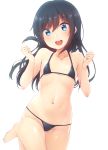  1girl :d asashio_(kantai_collection) barefoot bikini black_bikini black_hair blue_eyes collarbone commentary_request cowboy_shot eyebrows_visible_through_hair flat_chest gluteal_fold halterneck kantai_collection leg_up long_hair nagami_yuu navel open_mouth simple_background smile solo standing swimsuit thigh_gap white_background 