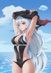  1girl armpits arms_up azur_lane bangs beach black_swimsuit blue_sky breasts bubble cleavage clouds covered_navel day eyebrows_visible_through_hair gan-viking graf_zeppelin_(azur_lane) groin hair_between_eyes highres iron_cross jacket jacket_on_shoulders large_breasts leg_up long_hair looking_at_viewer messy_hair navel navel_cutout ocean off_shoulder one-piece_swimsuit outdoors outstretched_arm parted_lips red_eyes sideboob sidelocks silver_hair sky solo swimming swimsuit taut_clothes taut_swimsuit thighs undressing very_long_hair 