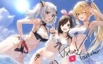  3girls :3 ;d a.i._channel adapted_costume bikini black_bikini blonde_hair blue_eyes blue_sky breasts brown_hair commentary_request contrapposto cowboy_shot day detached_sleeves dutch_angle front-tie_bikini front-tie_top hair_ribbon hairband hand_on_hip kaguya_luna kaguya_luna_(character) kizuna_ai large_breasts long_hair medium_breasts mirai_akari mirai_akari_project mossi multicolored_hair multiple_girls one_eye_closed open_mouth outdoors ribbon sarong side-tie_bikini side_ponytail sidelocks silver_hair sky smile sparkle streaked_hair swimsuit twintails under_boob v virtual_youtuber wading white_bikini wrist_ribbon 