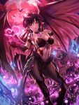  1girl absurdres bangs bare_shoulders bat black_hair black_legwear breasts chains choker chyopeuteu cleavage commentary crystal demon_girl demon_horns demon_tail demon_wings english_commentary eyebrows_visible_through_hair gauntlets hair_over_eyes hand_up heart heart-choker highres horns medium_breasts moon navel original parted_lips pointy_ears red_eyes red_moon solo standing succubus tail wings 