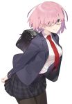  1girl bag bangs black-framed_eyewear black_blazer black_legwear black_skirt blazer blush breasts closed_mouth collared_shirt commentary_request dress_shirt eyebrows_visible_through_hair fate/grand_order fate_(series) glasses hair_over_one_eye hayashi_kewi jacket large_breasts long_sleeves mash_kyrielight necktie open_blazer open_clothes open_jacket pantyhose pink_hair plaid plaid_skirt pleated_skirt red_neckwear school_bag shirt short_hair simple_background skirt smile solo violet_eyes white_background white_shirt 