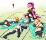  ! 1boy 3girls :3 aqua_eyes aqua_hair aqua_neckwear bangs bare_shoulders barefoot black_legwear black_sailor_collar blonde_hair bow closed_eyes collared_shirt commentary_request detached_sleeves grey_shirt hair_between_eyes hair_bow hair_spread_out hairband hatsune_miku highres jaco kagamine_len kagamine_rin long_hair long_sleeves lying megurine_luka multiple_girls navel neckerchief necktie on_back on_side open_mouth own_hands_together petting pink_hair ponytail puffy_short_sleeves puffy_sleeves rectan rectangular_mouth sailor_collar school_uniform serafuku shirt short_sleeves shorts sleeping sleeveless sleeveless_shirt soles sweatdrop thigh-highs twintails very_long_hair vest vocaloid white_bow white_shirt wing_collar yellow_neckwear 