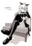  1girl ahoge animal_ears breasts bustier cat_ears chair closed_mouth cover cover_page detached_sleeves dress eyebrows_visible_through_hair foreshortening full_body greyscale hand_up highres legs_crossed long_hair long_legs long_sleeves looking_at_viewer medium_breasts monochrome oota_yuuichi original rating shoes short_dress simple_background solo thigh-highs white_background 