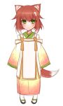  1girl animal_ears blush closed_mouth dated eyebrows_visible_through_hair flower fox_ears fox_tail full_body green_eyes hair_flower hair_ornament japanese_clothes kimono konshin long_sleeves looking_at_viewer original redhead sandals short_hair signature simple_background sleeves_past_wrists socks solo tail white_background white_legwear 