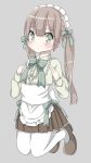  1girl apron bangs blush bow brown_footwear brown_hair brown_skirt center_frills closed_mouth commentary_request eyebrows_visible_through_hair frills full_body green_bow green_eyes green_shirt grey_background hair_between_eyes hair_bow hamada_pengin highres kneeling long_hair long_sleeves looking_at_viewer maid maid_headdress original pantyhose pleated_skirt shirt shoes sidelocks simple_background skirt solo striped striped_bow twintails very_long_hair waist_apron white_apron white_legwear 