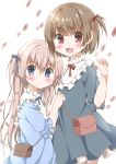  2girls :d absurdres bag bangs blue_bow blue_dress blue_eyes blurry blurry_background blush bow brown_bow brown_hair closed_mouth commentary_request depth_of_field dress eyebrows_visible_through_hair frills hair_between_eyes hair_bow hamada_pengin hand_up handbag hands_up highres light_brown_hair long_hair looking_at_viewer multiple_girls one_side_up open_mouth original petals red_eyes short_sleeves shoulder_bag smile very_long_hair white_background 