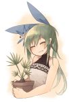  1girl bare_arms bare_shoulders blue_bow bow closed_eyes commentary english_commentary facing_viewer flower green_hair hair_bow hair_flower hair_ornament highres holding kaginoni long_hair namesake original plant ponytail potted_plant saw_palmetto selenoah sleeveless smile solo upper_body 