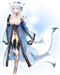  1girl animal_ears blue_background blue_nails breasts commentary_request curled_horns fingernails fox_ears fox_tail full_body hand_up horns konshin large_breasts long_sleeves looking_at_viewer multiple_tails nail_polish original smile snowflakes solo standing stirrup_legwear tail 