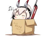  1girl ayanami_(azur_lane) azur_lane bangs beamed_eighth_notes blush box cardboard_box closed_eyes closed_mouth commentary_request eyebrows_visible_through_hair hair_between_eyes hair_ornament hatsuzuki_527_(style) headgear headphones high_ponytail in_box in_container long_hair musical_note nagato-chan ponytail silver_hair solo sword translation_request weapon white_background 