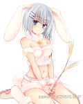  1girl animal_ears arm_strap bangs belt breasts bunny_tail choker cleavage crop_top date_a_live eyebrows_visible_through_hair floating_hair fur_trim hair_between_eyes hair_ornament hairclip head_tilt hibiki_mio holding long_hair looking_at_viewer medium_breasts midriff navel paw_shoes rabbit_ears shoes short_shorts shorts silver_hair simple_background sitting solo stomach strapless tail tobiichi_origami white_background white_footwear white_shorts 