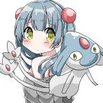  1girl azelf bangs bare_shoulders blue_hair blush closed_mouth commentary_request eyebrows_visible_through_hair gen_4_pokemon green_eyes grey_shirt hair_between_eyes hair_ornament hamada_pengin long_hair looking_at_viewer looking_to_the_side off-shoulder_shirt original personification pokemon pokemon_(creature) shirt sidelocks simple_background twintails white_background 