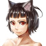  1girl bangs black_hair blunt_bangs closed_mouth collarbone commentary_request fang fang_out jaco looking_at_viewer nude original portrait red_eyes short_hair simple_background slit_pupils smile solo white_background 