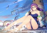  1girl ass beach bird blue_eyes blue_sky blue_swimsuit braid breasts cleavage clouds day detached_sleeves glasses hair_ribbon han-gyaku-sei_million_arthur hand_up large_breasts lighthouse long_hair million_arthur_(series) outdoors purple_hair red_ribbon ribbon seagull sitting sky staff swimsuit waves zimajiang 