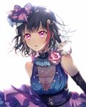  1girl arm_belt bang_dream! bangs black_gloves bow breasts cleavage collar corset dress elbow_gloves feathers flower frilled_collar frills gloves hair_bow jewelry looking_at_viewer mitake_ran multicolored_hair nennen pink_eyes pink_flower pink_rose purple_bow redhead rose short_hair solo sparkle streaked_hair upper_body white_background 