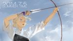  1girl arrow blonde_hair blue_eyes blue_sky bow_(weapon) clouds cloudy_sky dated day el-zheng english floating_hair holding holding_bow_(weapon) holding_weapon muneate open_mouth original outdoors short_sleeves sky solo summer weapon yumi_(bow) 