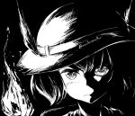  1girl artist_name commentary english_commentary face fire frown hat hat_feather high_contrast kaban_(kemono_friends) kemono_friends looking_at_viewer maullarmaullar monochrome serious short_hair solo twitter_username 