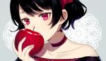  1girl achiki apple bangs bare_shoulders black_hair blush choker close-up commentary_request covering_mouth face food fruit holding jewelry looking_at_viewer original red_apple red_eyes short_hair simple_background single_earring solo 