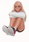  1girl absurdres bangs blonde_hair blush brown_eyes commentary english_commentary forehead grey_background hair_ornament hairclip highres huge_filesize leg_hug long_hair long_sleeves looking_at_viewer luimiart original parted_bangs shoes short_shorts shorts sitting sleeves_past_fingers smile sneakers socks solo sweater white_legwear 
