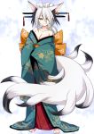  1girl animal_ears barefoot blue_kimono breasts bright_pupils cleavage closed_mouth commentary_request fox fox_ears fox_tail full_body hair_bun hair_ornament hairpin japanese_clothes kimono konshin large_breasts long_sleeves looking_at_viewer obi off_shoulder orange_eyes original sash short_eyebrows smile solo standing tail tantou white_hair wide_sleeves 